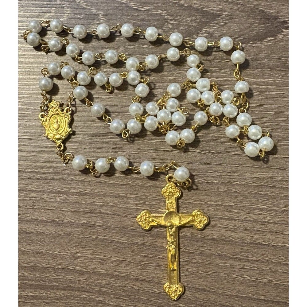 Gold-Tone Pearl Christian Rosary with Crucifix